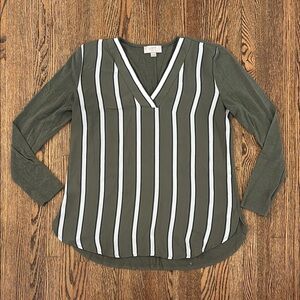 LOFT Green Long Sleeve Blouse with Stripes | Petite XS